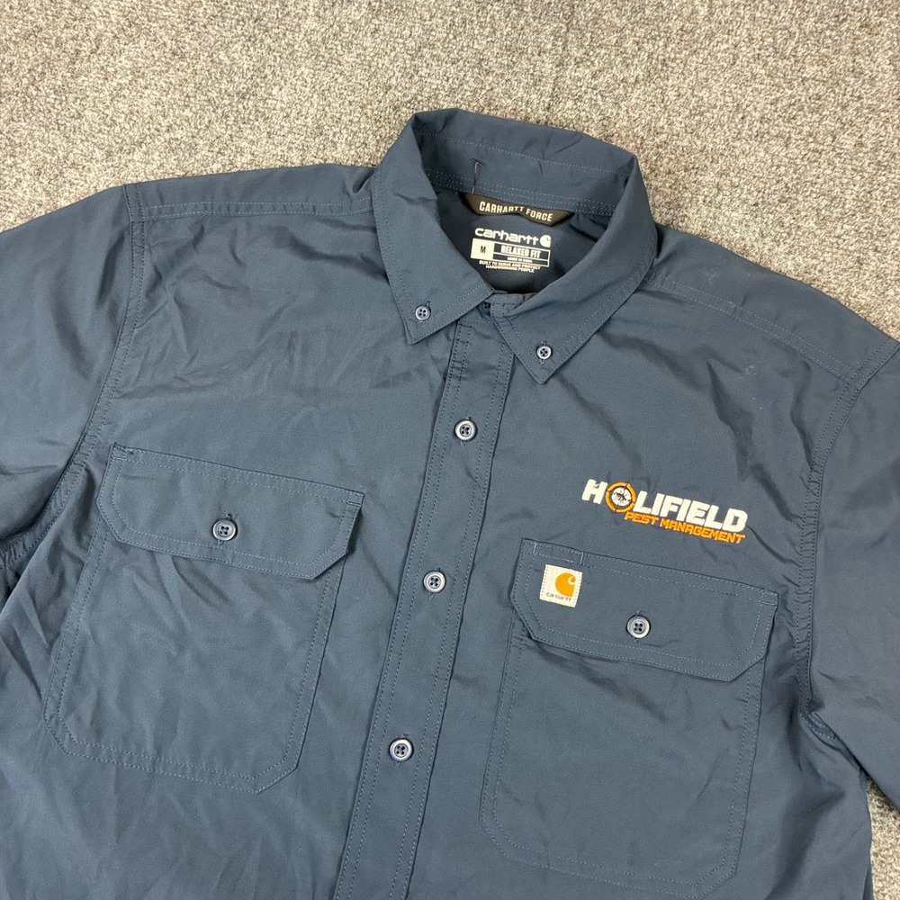 Carhartt Force Mens Relaxed Fit‎ Short Sleeve Button Down Shirt Blue Medium Logo